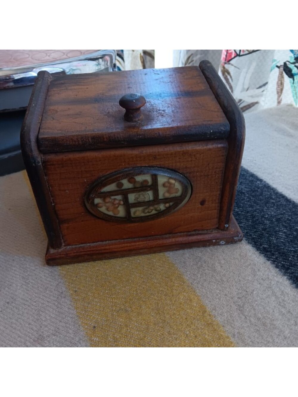Vintage MCM 1970s Groovy Wooden Trinket Box With Inlaid Design & Hinged Lid